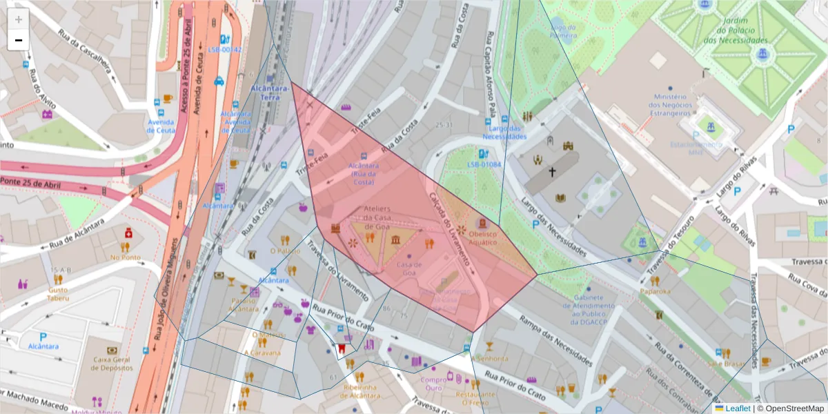 Mapa detalhado do código postal 1350-188 com limites, códigos postais vizinhos e agências dos correios
