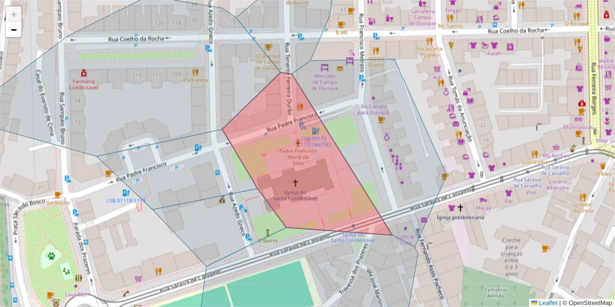 Mapa detalhado do código postal 1350-223 com limites, códigos postais vizinhos e agências dos correios