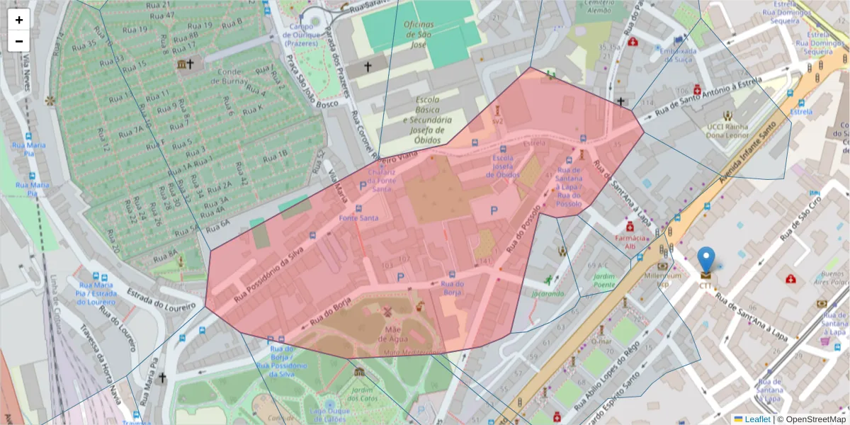 Mapa detalhado do código postal 1350-251 com limites, códigos postais vizinhos e agências dos correios