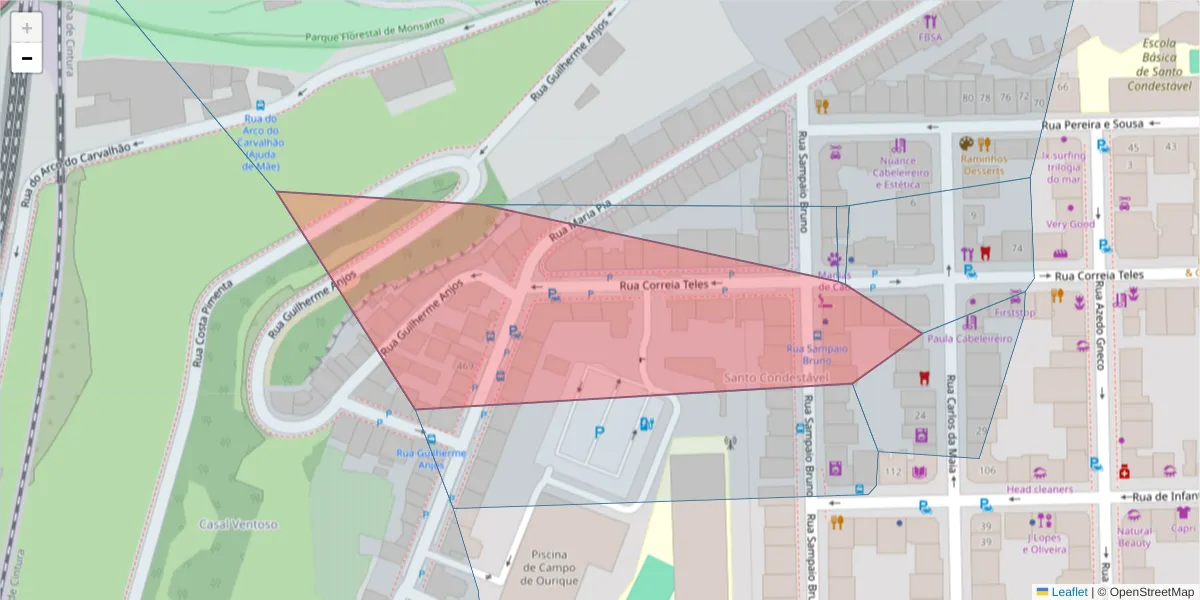 Mapa detalhado do código postal 1350-285 com limites, códigos postais vizinhos e agências dos correios