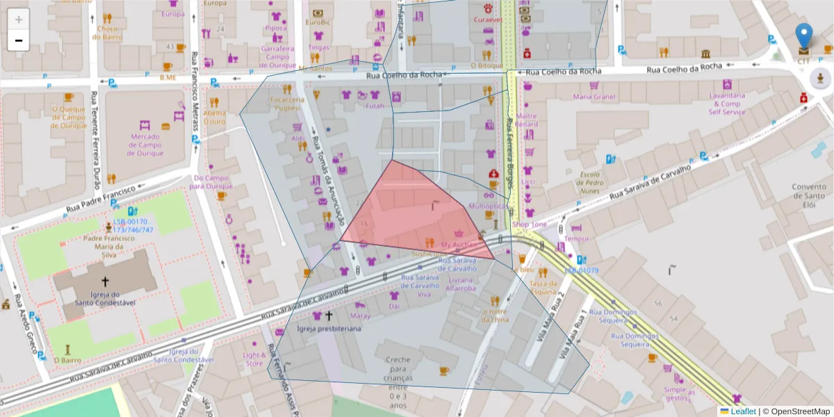 Mapa detalhado do código postal 1350-302 com limites, códigos postais vizinhos e agências dos correios