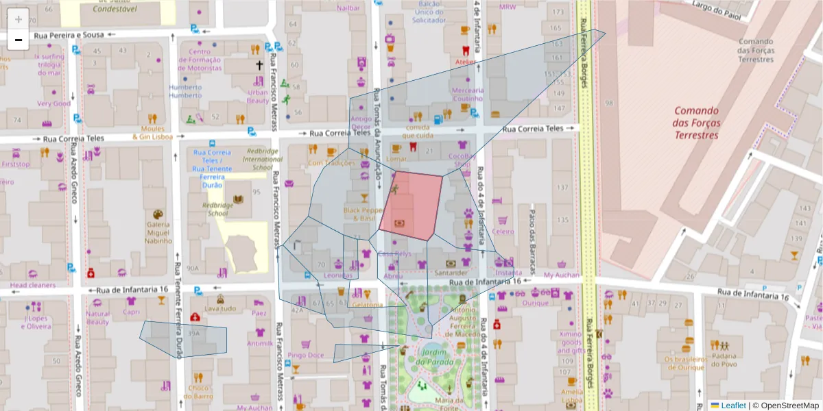 Mapa detalhado do código postal 1350-330 com limites, códigos postais vizinhos e agências dos correios