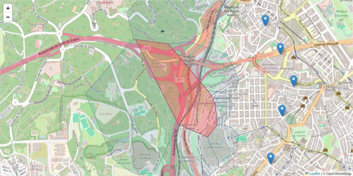 Mapa detalhado do código postal 1350-340 com limites, códigos postais vizinhos e agências dos correios