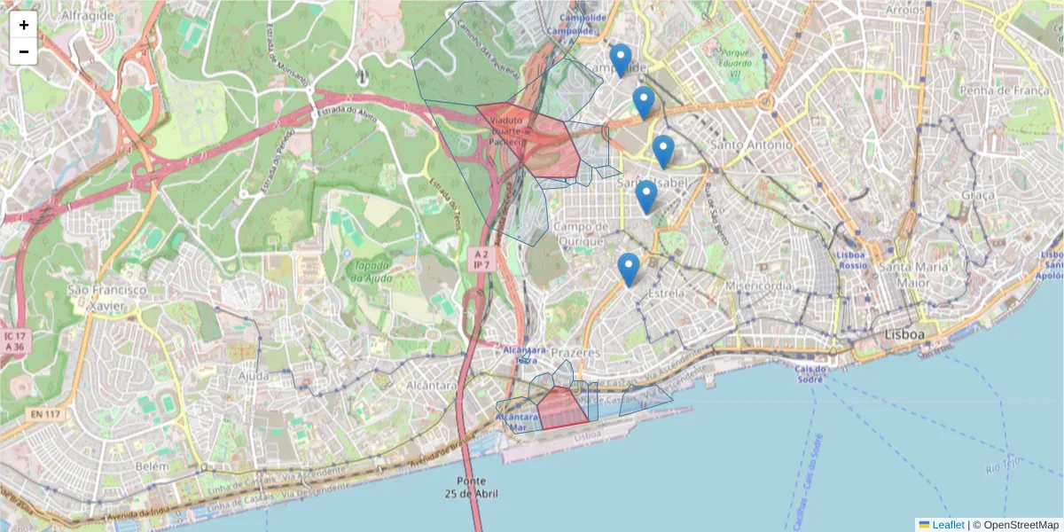 Mapa detalhado do código postal 1350 com limites, códigos postais vizinhos e agências dos correios