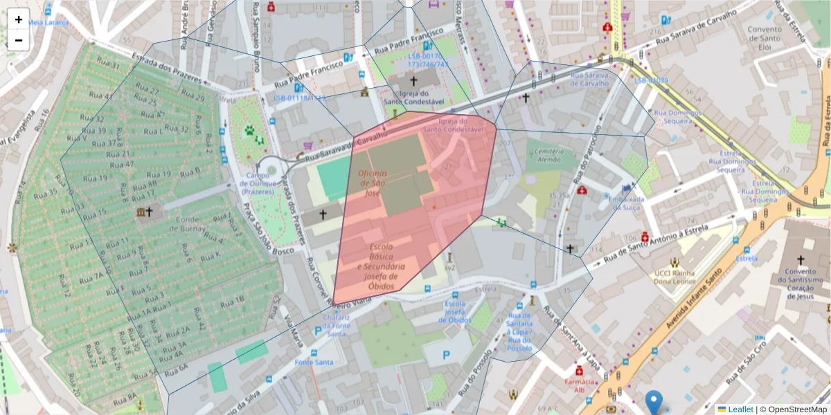 Mapa detalhado do código postal 1399-007 com limites, códigos postais vizinhos e agências dos correios