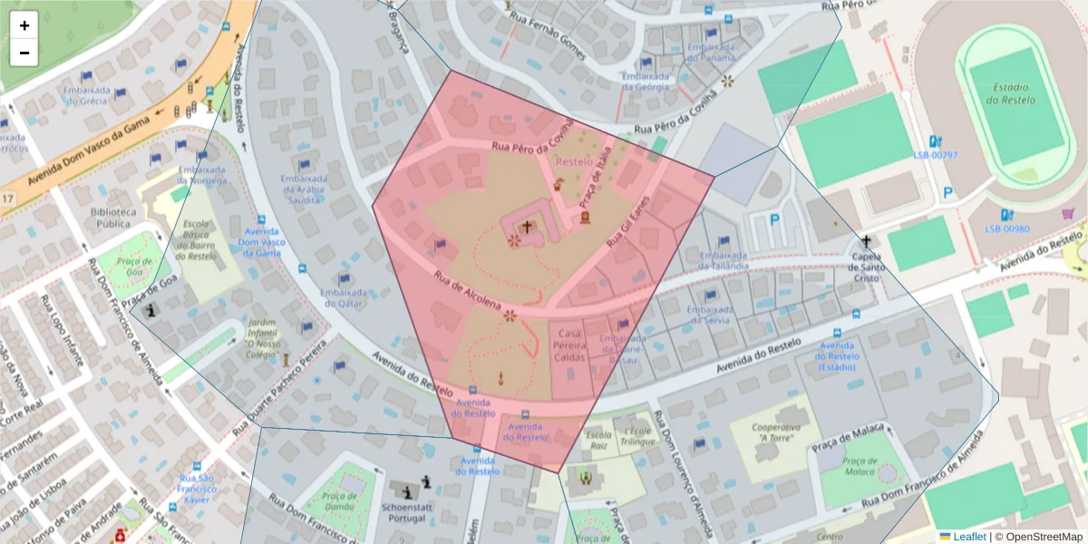 Mapa detalhado do código postal 1400-005 com limites, códigos postais vizinhos e agências dos correios
