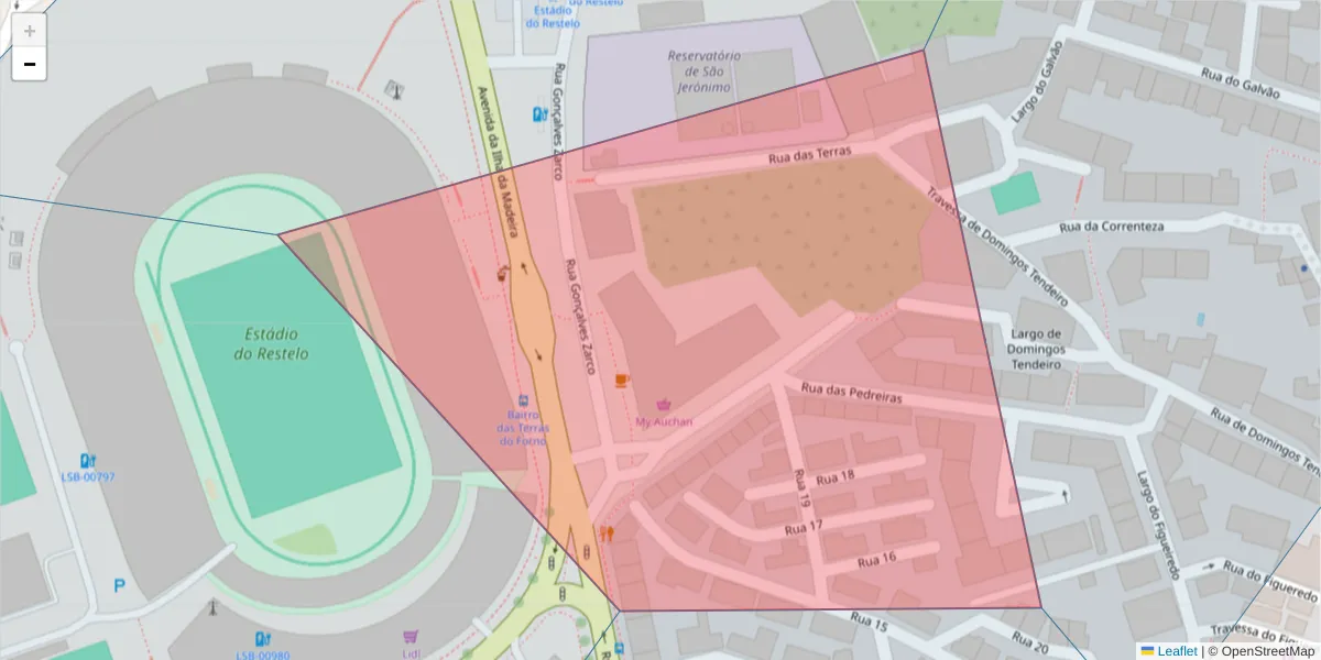 Mapa detalhado do código postal 1400-007 com limites, códigos postais vizinhos e agências dos correios