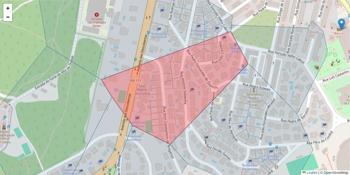 Mapa detalhado do código postal 1400-021 com limites, códigos postais vizinhos e agências dos correios