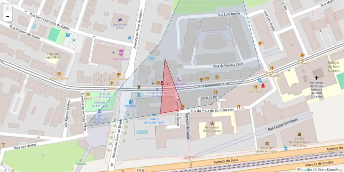 Mapa detalhado do código postal 1400-027 com limites, códigos postais vizinhos e agências dos correios