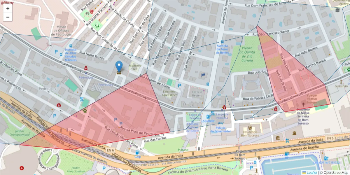 Mapa detalhado do código postal 1400-038 com limites, códigos postais vizinhos e agências dos correios