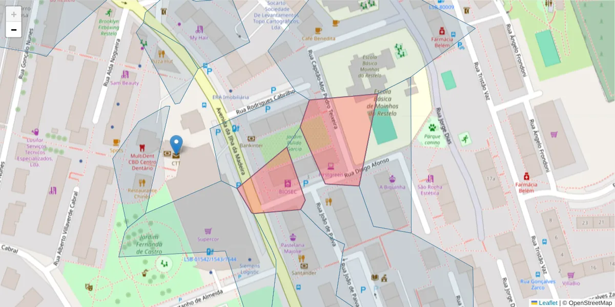 Mapa detalhado do código postal 1400-041 com limites, códigos postais vizinhos e agências dos correios