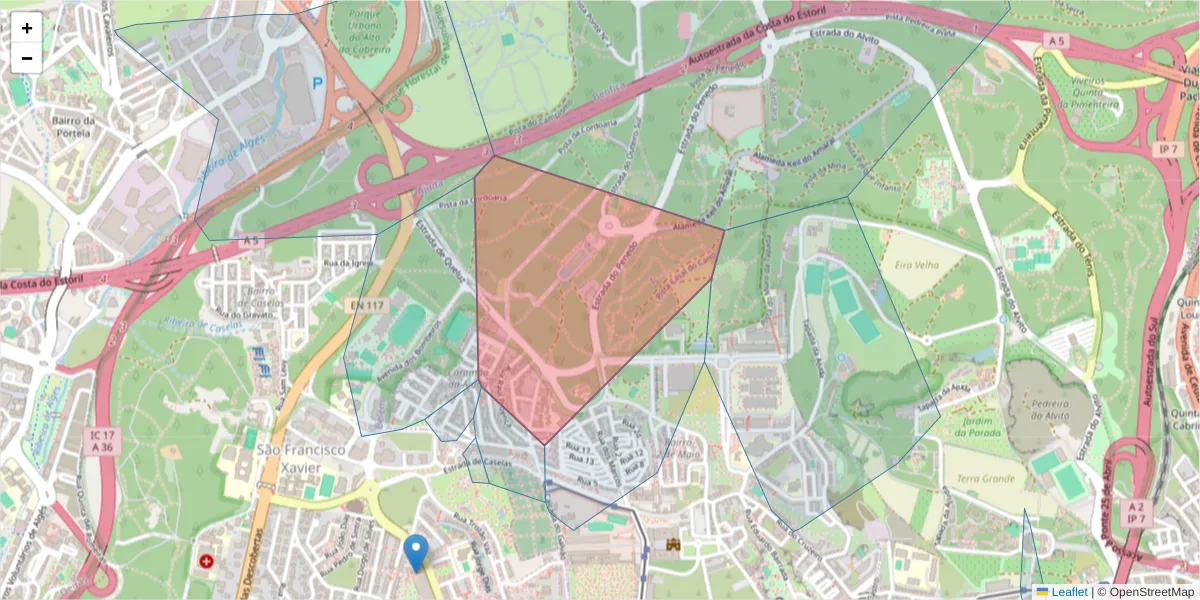 Mapa detalhado do código postal 1400-047 com limites, códigos postais vizinhos e agências dos correios
