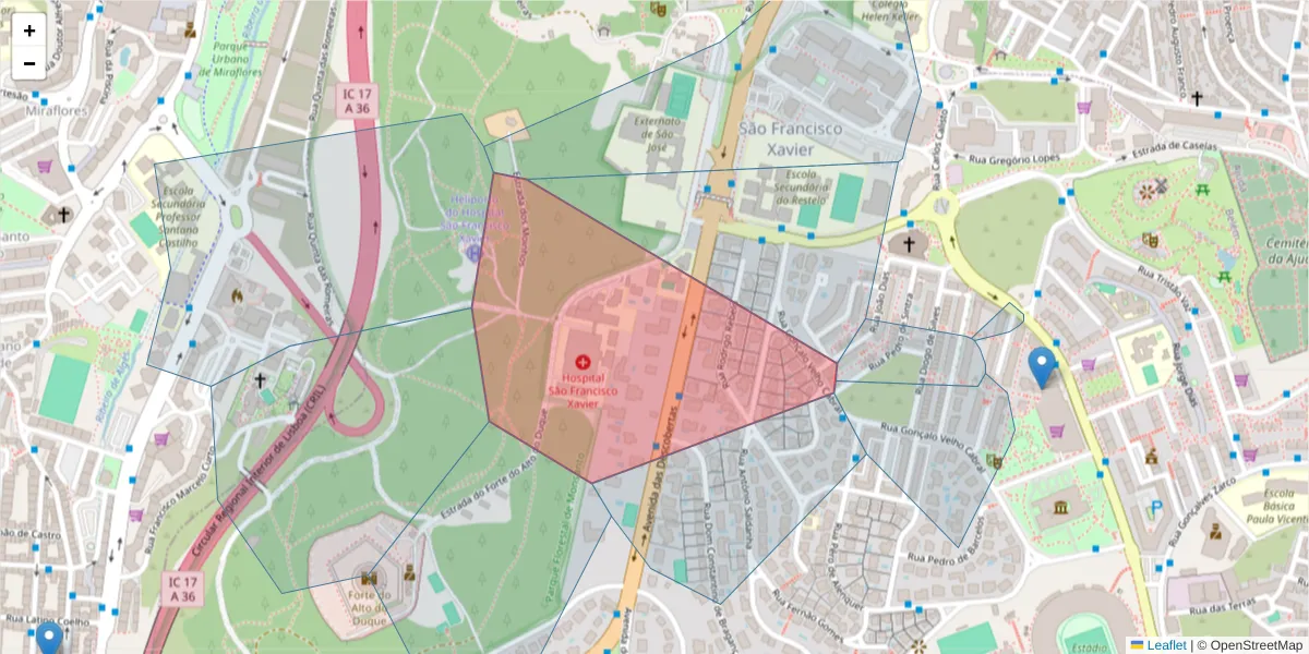 Mapa detalhado do código postal 1400-092 com limites, códigos postais vizinhos e agências dos correios
