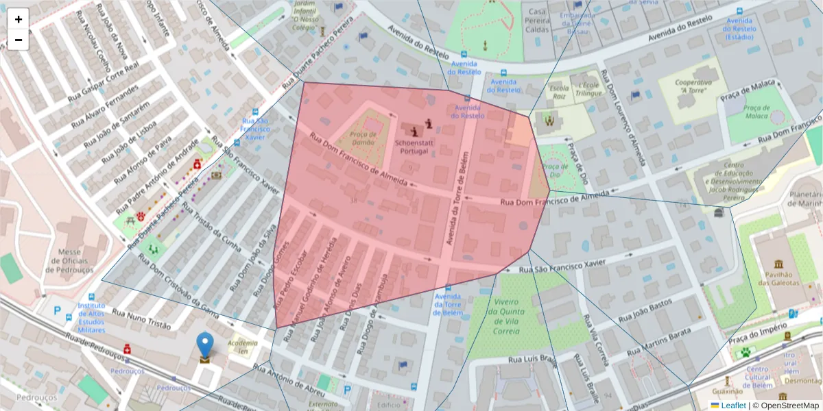 Mapa detalhado do código postal 1400-117 com limites, códigos postais vizinhos e agências dos correios