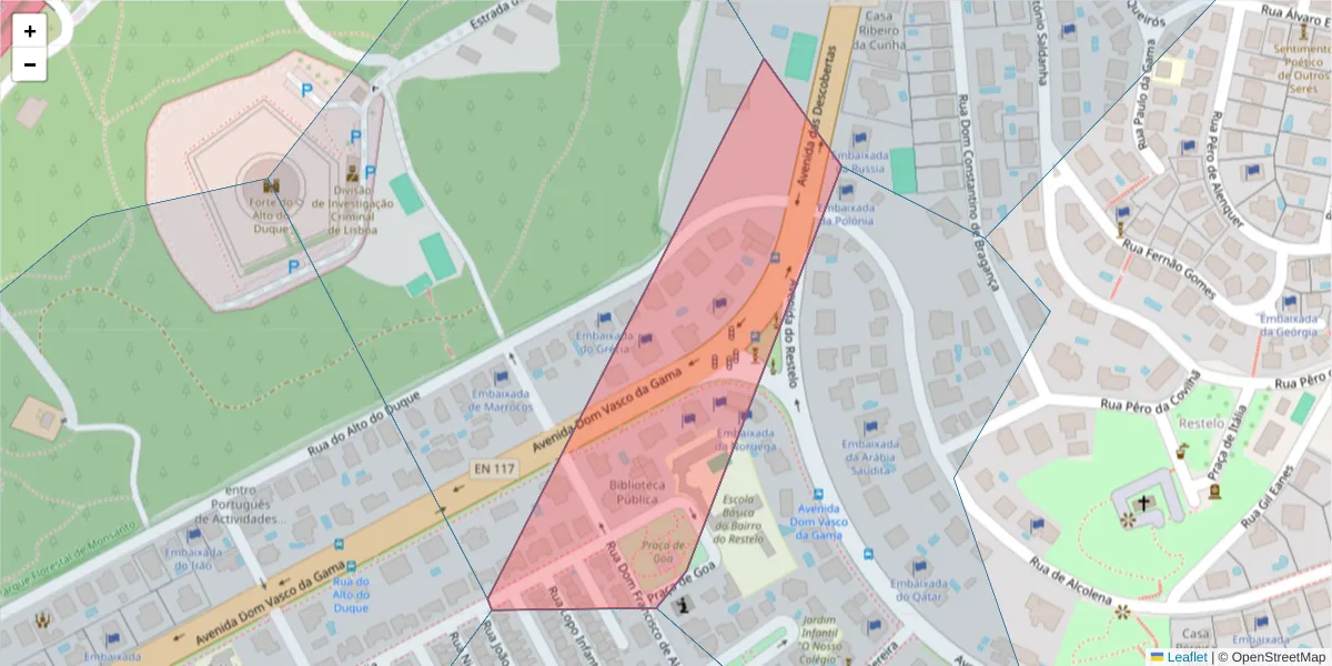Mapa detalhado do código postal 1400-128 com limites, códigos postais vizinhos e agências dos correios