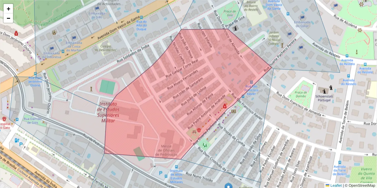 Mapa detalhado do código postal 1400-139 com limites, códigos postais vizinhos e agências dos correios