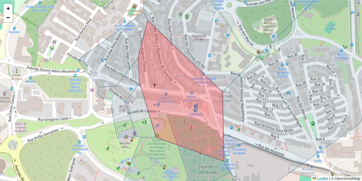 Mapa detalhado do código postal 1400-197 com limites, códigos postais vizinhos e agências dos correios