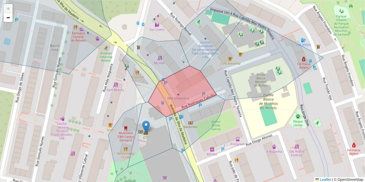 Mapa detalhado do código postal 1400-205 com limites, códigos postais vizinhos e agências dos correios