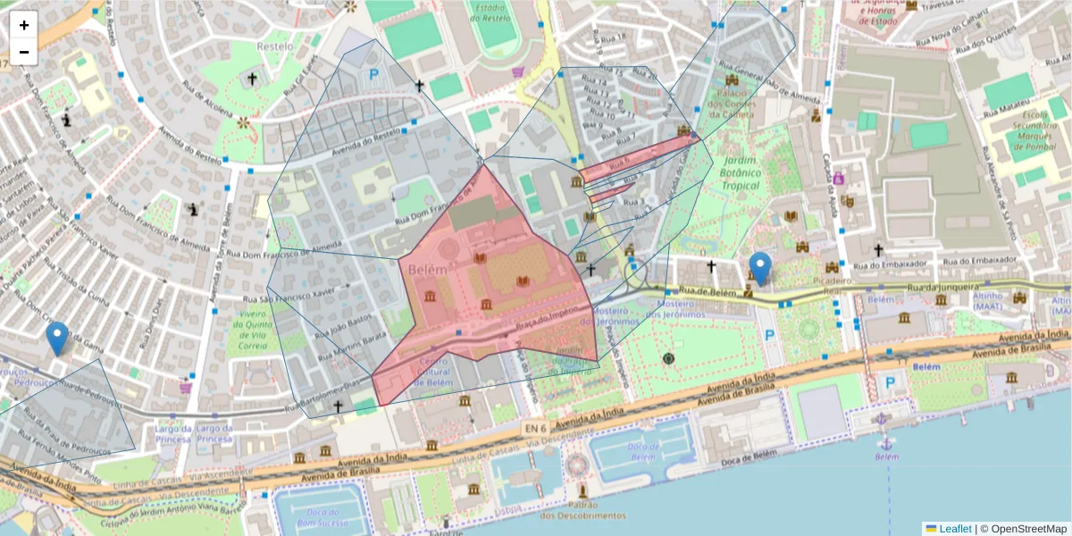 Mapa detalhado do código postal 1400-206 com limites, códigos postais vizinhos e agências dos correios