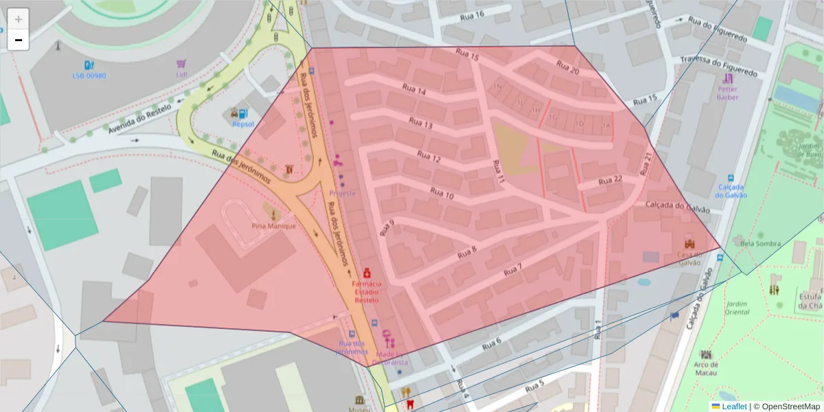Mapa detalhado do código postal 1400-212 com limites, códigos postais vizinhos e agências dos correios