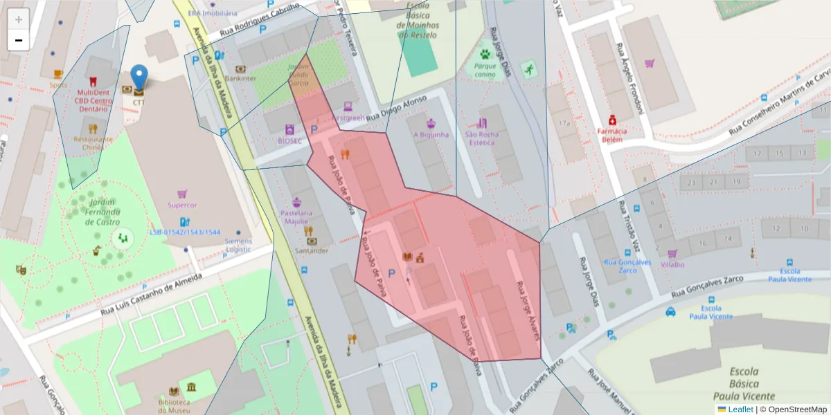 Mapa detalhado do código postal 1400-225 com limites, códigos postais vizinhos e agências dos correios