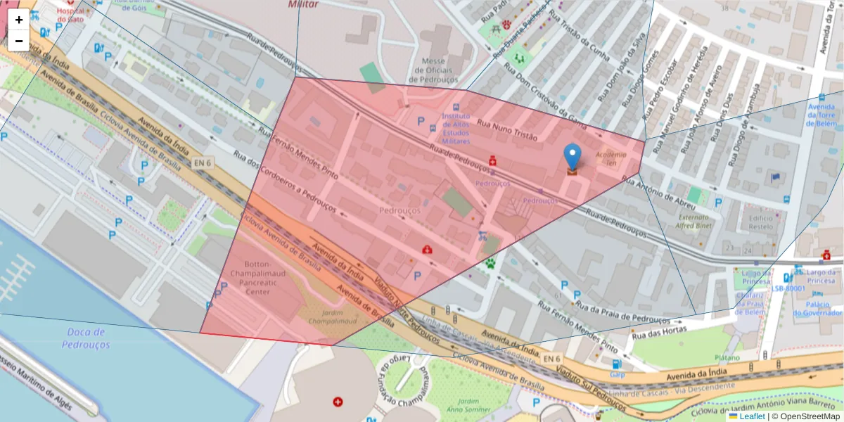Mapa detalhado do código postal 1400-290 com limites, códigos postais vizinhos e agências dos correios