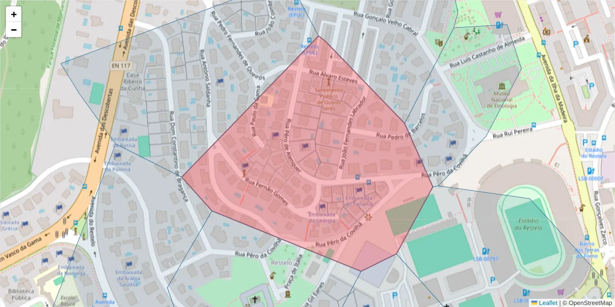 Mapa detalhado do código postal 1400-293 com limites, códigos postais vizinhos e agências dos correios