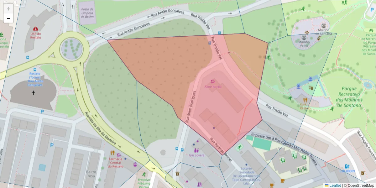 Mapa detalhado do código postal 1400-325 com limites, códigos postais vizinhos e agências dos correios