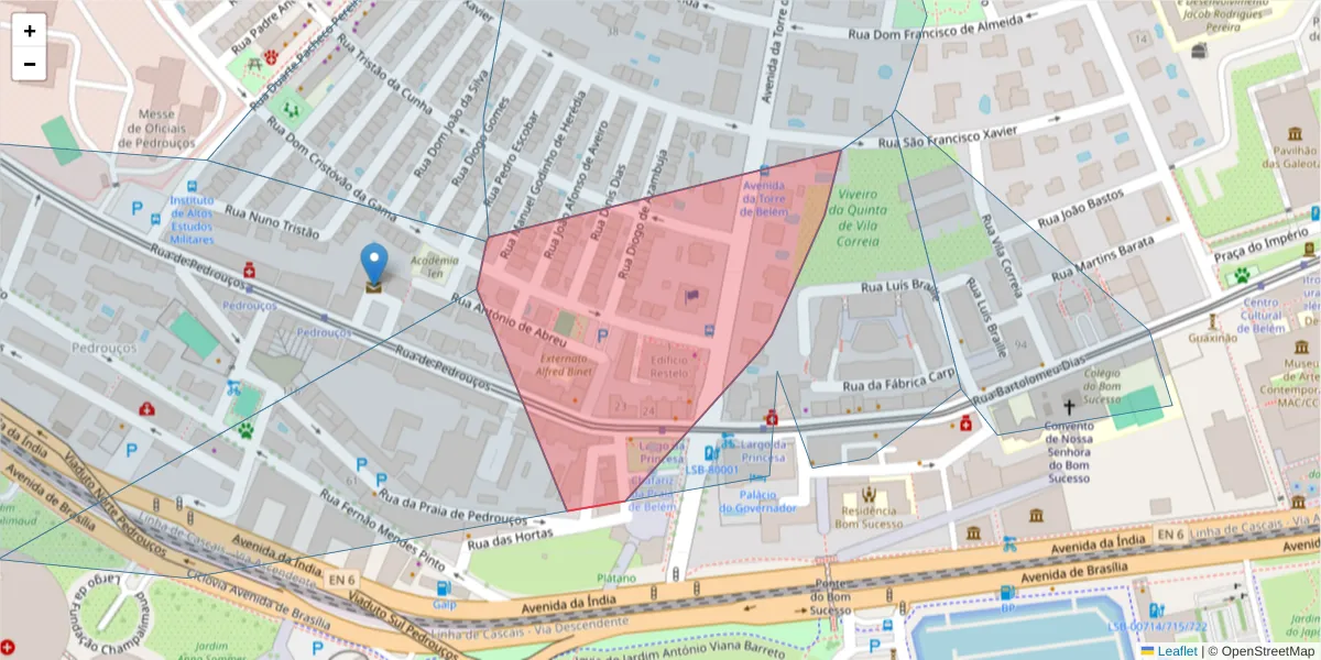 Mapa detalhado do código postal 1400-342 com limites, códigos postais vizinhos e agências dos correios