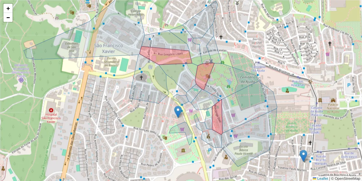 Mapa detalhado do código postal 1400-350 com limites, códigos postais vizinhos e agências dos correios