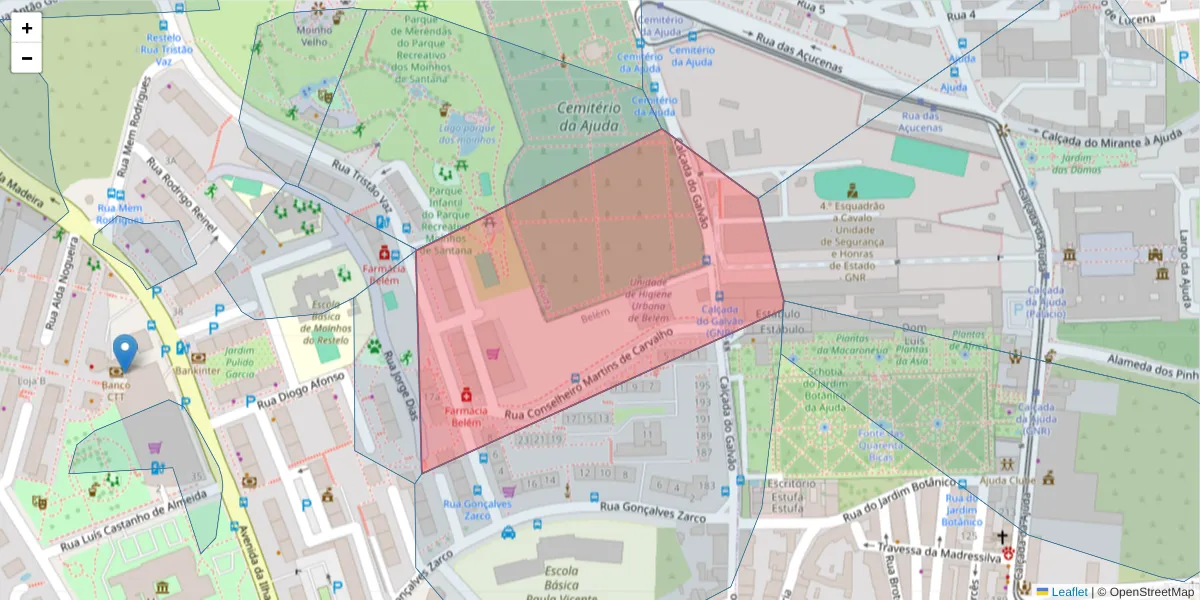 Mapa detalhado do código postal 1400-352 Santa Maria de Belém com limites, códigos postais vizinhos e agências dos correios