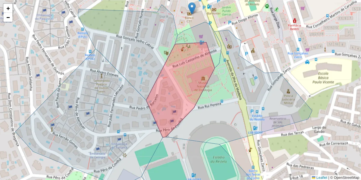 Mapa detalhado do código postal 1400-376 com limites, códigos postais vizinhos e agências dos correios