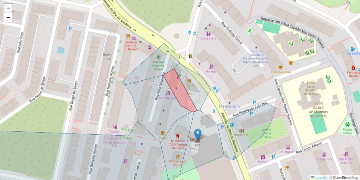 Mapa detalhado do código postal 1400-410 com limites, códigos postais vizinhos e agências dos correios