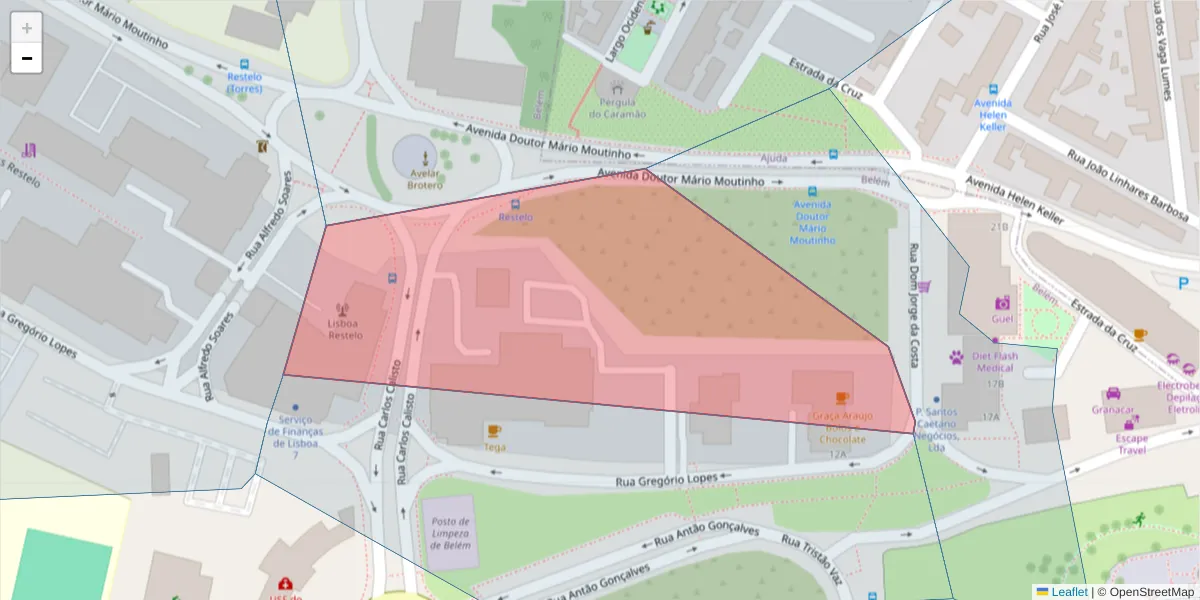Mapa detalhado do código postal 1400-414 com limites, códigos postais vizinhos e agências dos correios