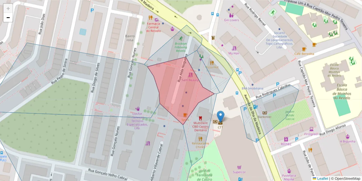 Mapa detalhado do código postal 1400-416 com limites, códigos postais vizinhos e agências dos correios