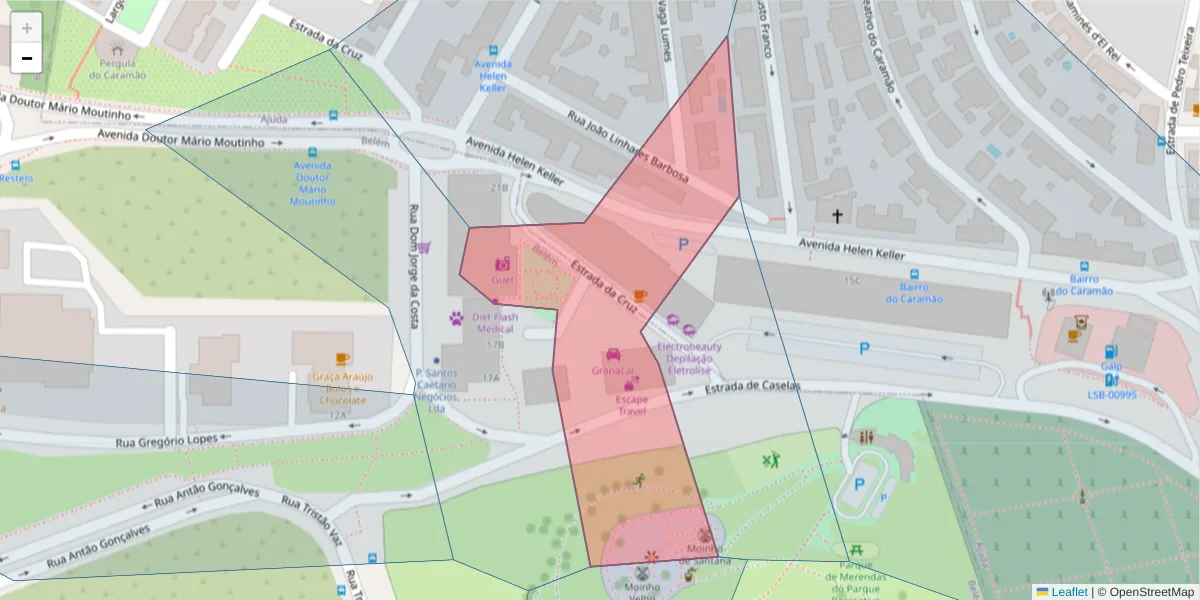 Mapa detalhado do código postal 1400-422 com limites, códigos postais vizinhos e agências dos correios