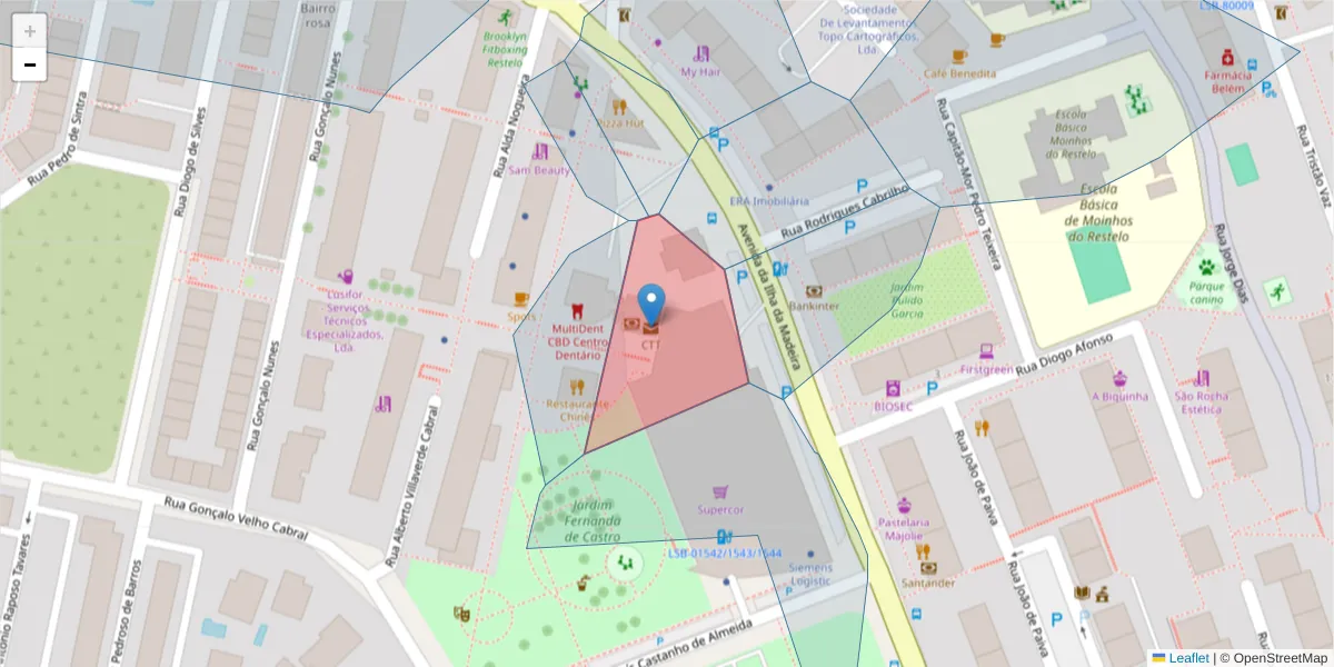 Mapa detalhado do código postal 1400-998 com limites, códigos postais vizinhos e agências dos correios