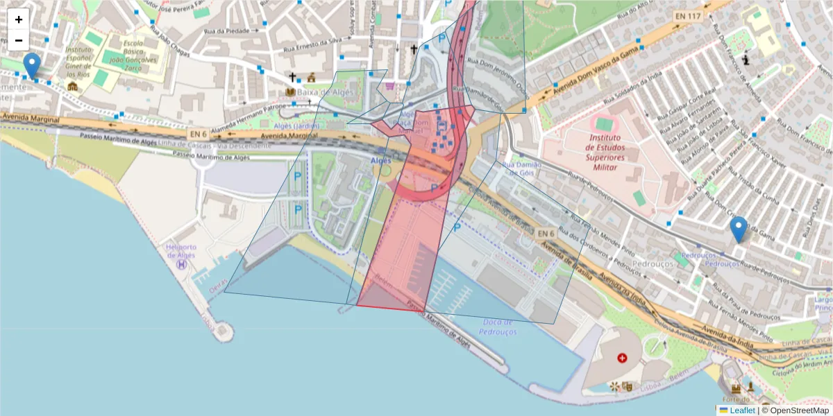 Mapa detalhado do código postal 1495-001 com limites, códigos postais vizinhos e agências dos correios