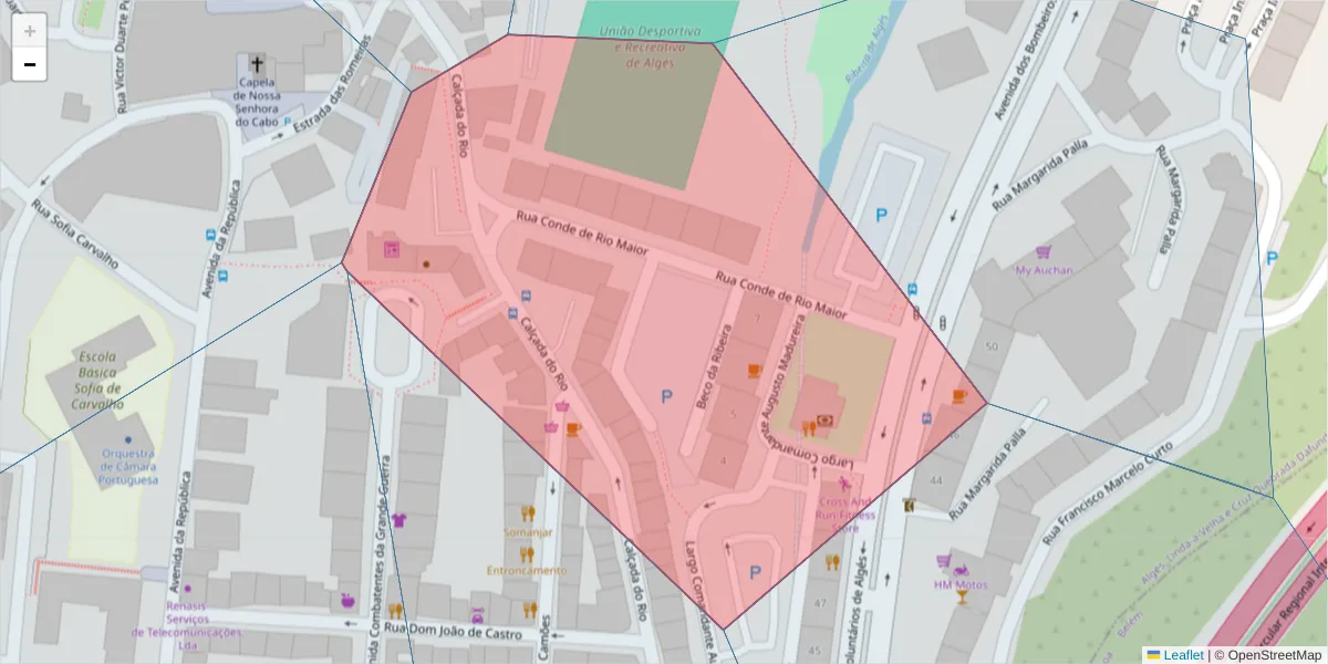 Mapa detalhado do código postal 1495-012 com limites, códigos postais vizinhos e agências dos correios