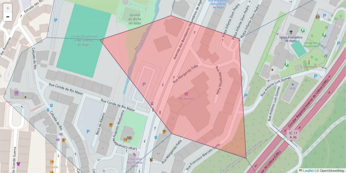 Mapa detalhado do código postal 1495-022 com limites, códigos postais vizinhos e agências dos correios