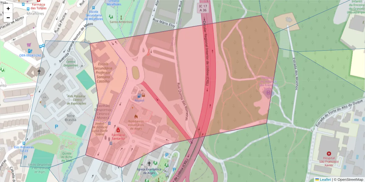 Mapa detalhado do código postal 1495-023 com limites, códigos postais vizinhos e agências dos correios