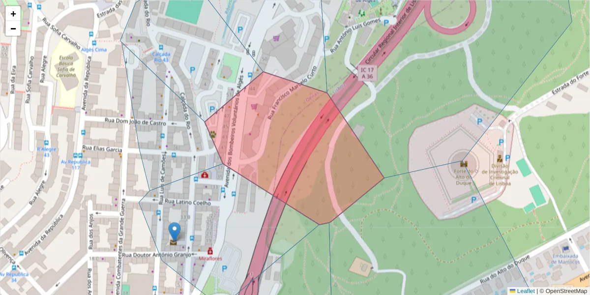 Mapa detalhado do código postal 1495-025 com limites, códigos postais vizinhos e agências dos correios