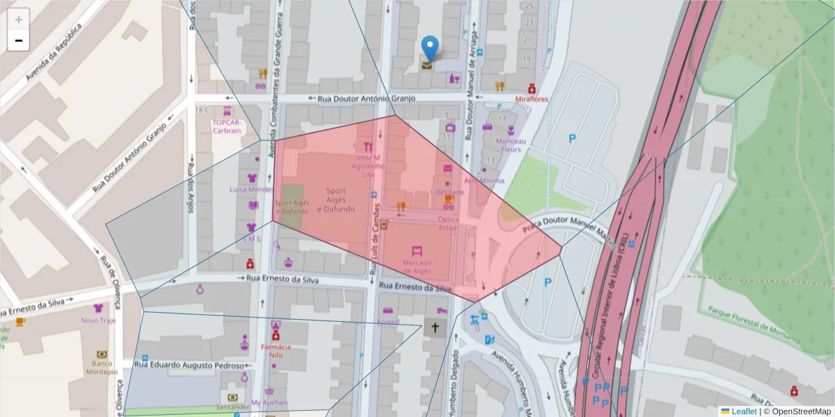 Mapa detalhado do código postal 1495-035 com limites, códigos postais vizinhos e agências dos correios