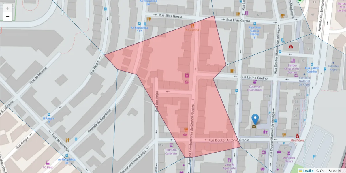 Mapa detalhado do código postal 1495-040 com limites, códigos postais vizinhos e agências dos correios