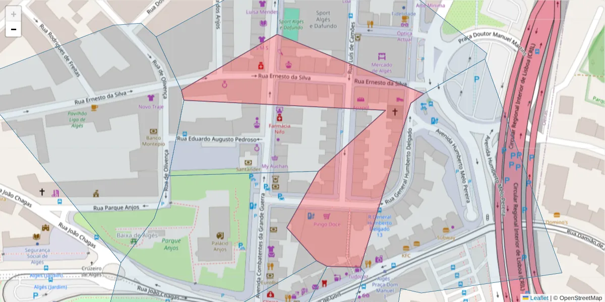 Mapa detalhado do código postal 1495-068 com limites, códigos postais vizinhos e agências dos correios