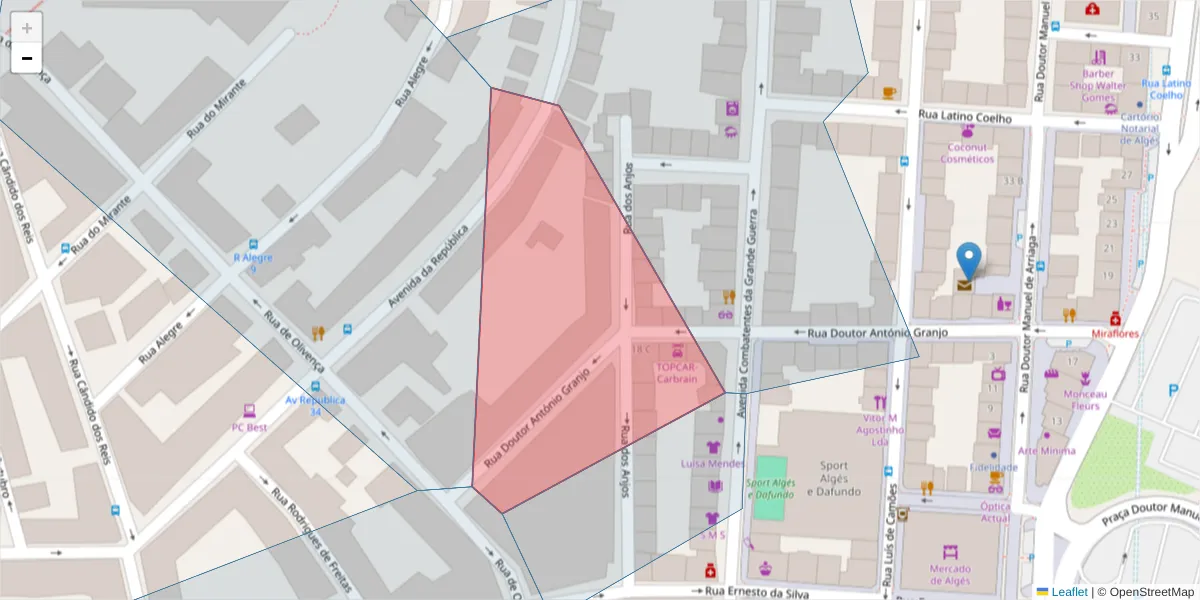 Mapa detalhado do código postal 1495-072 com limites, códigos postais vizinhos e agências dos correios