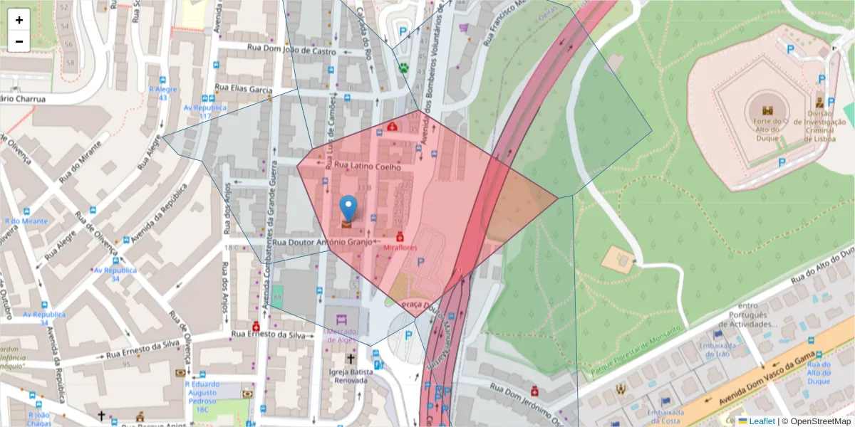 Mapa detalhado do código postal 1495-088 com limites, códigos postais vizinhos e agências dos correios