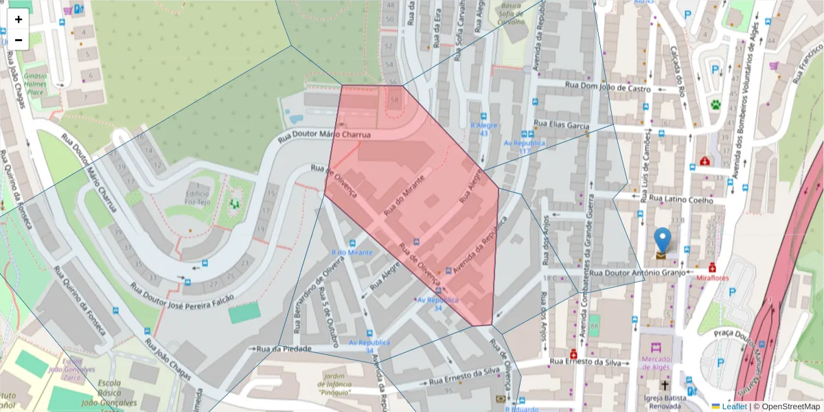 Mapa detalhado do código postal 1495-111 com limites, códigos postais vizinhos e agências dos correios