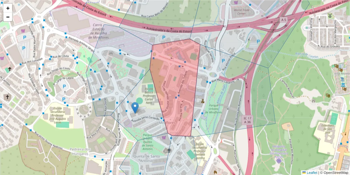 Mapa detalhado do código postal 1495-150 com limites, códigos postais vizinhos e agências dos correios