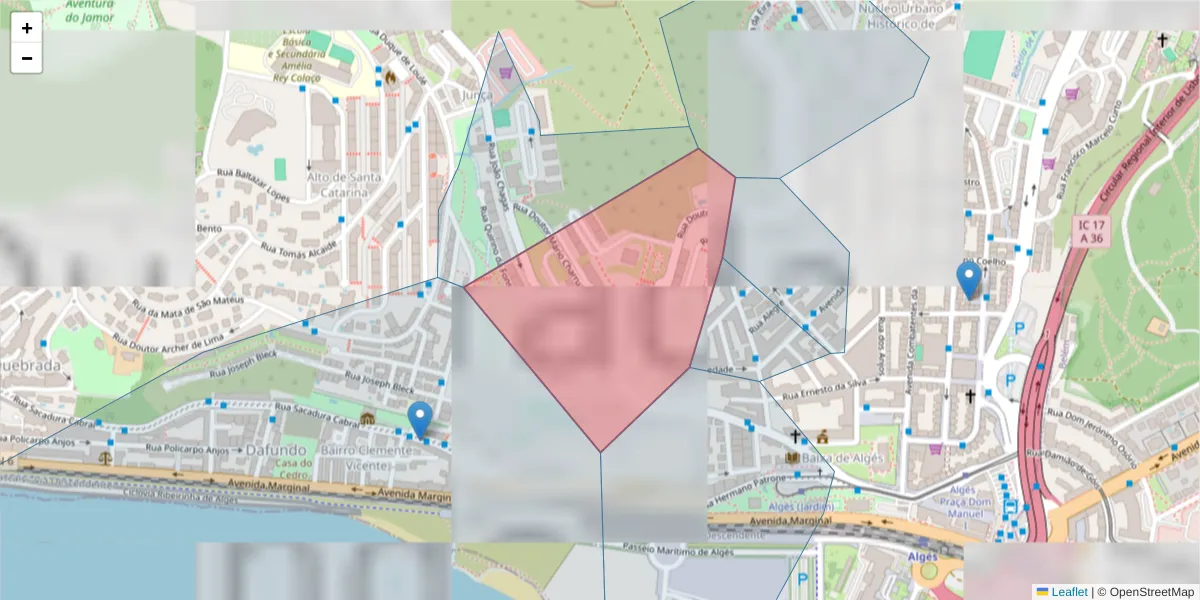 Mapa detalhado do código postal 1495-240 com limites, códigos postais vizinhos e agências dos correios